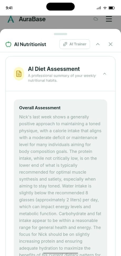 AuraBase Aria AI Diet Assessment summarizing a week of logged nutrition