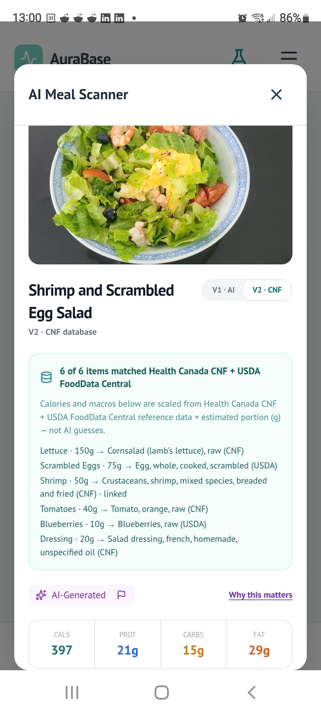 AuraBase AI Meal Scanner — snap, review, and log meals with USDA-backed nutrition data