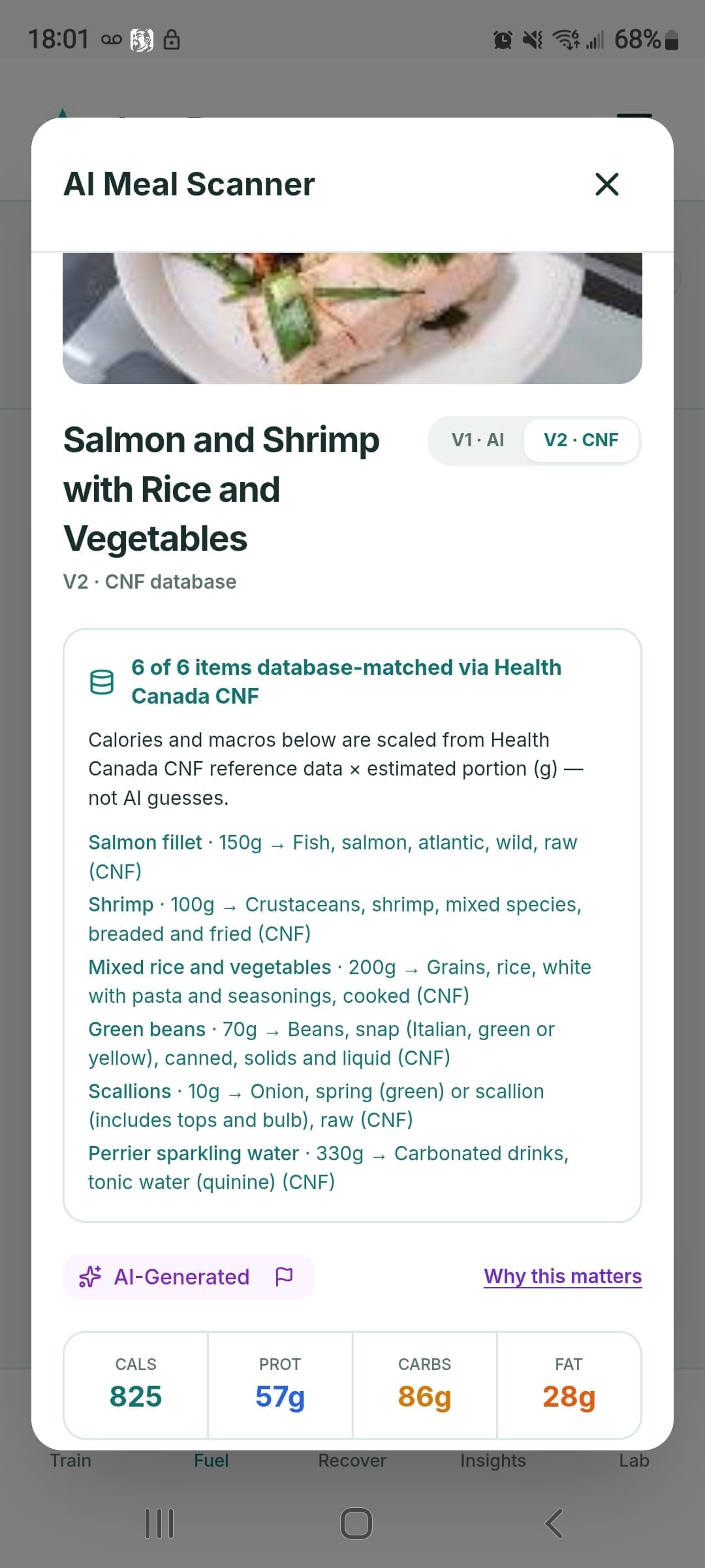 AuraBase AI Meal Scanner matching a salmon and shrimp meal to Health Canada CNF entries