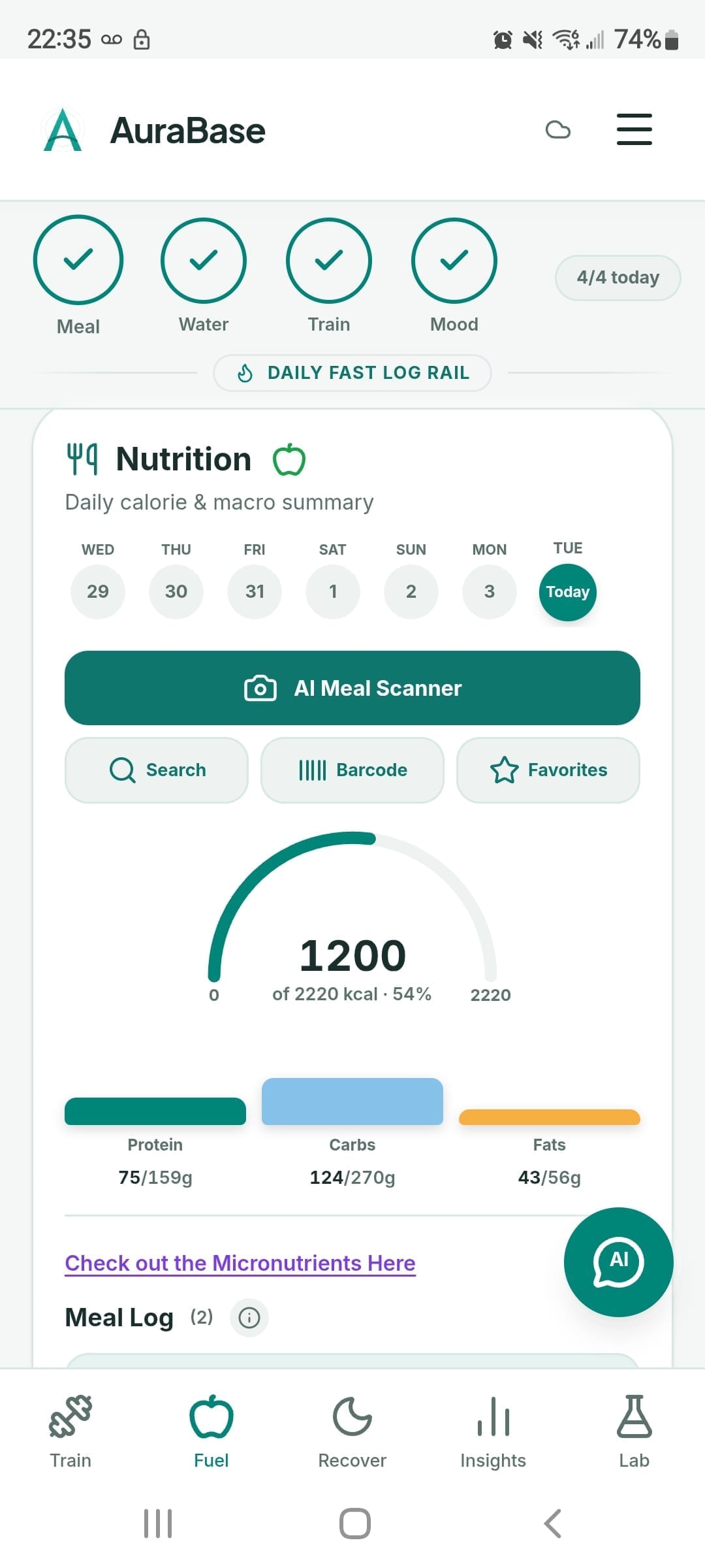 AuraBase nutrition dashboard with calorie gauge, macros, and AI Meal Scanner