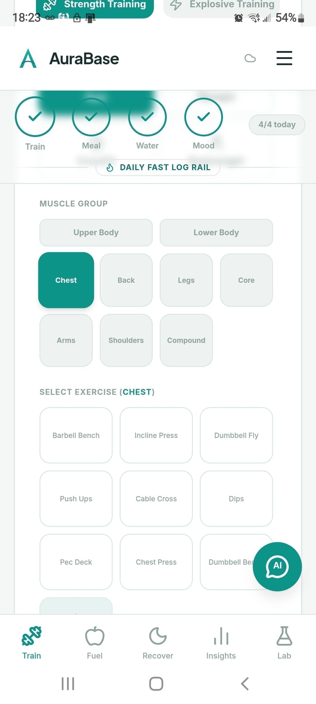 AuraForge strength training exercise logger interface